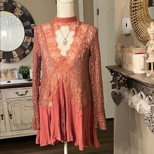 Free People Coral Lace Tunic Top